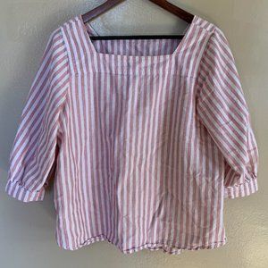 Puff Sleeve Linen-Blend Striped Blouse